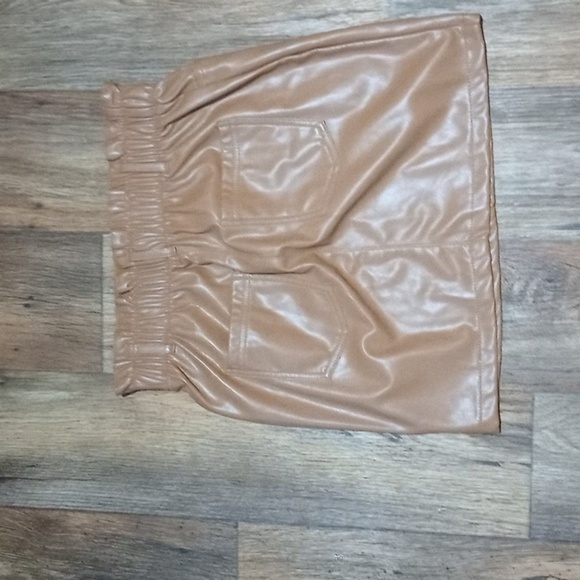 Tan Paper Bag Waist Faux Leather Mini Neutral Skirt - Picture 2 of 3